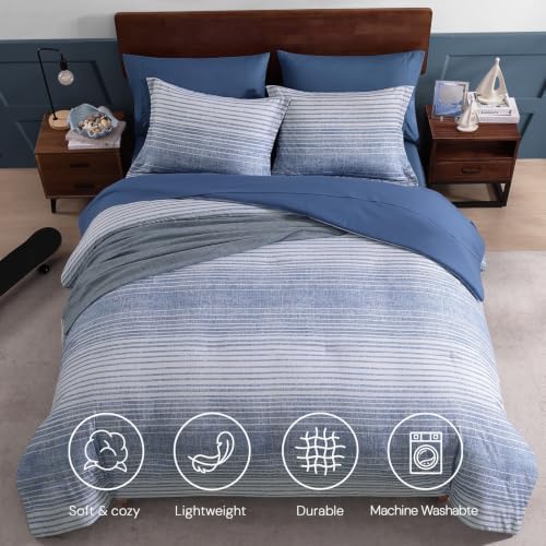 Queen Comforter Set Striped Ocean Blue Coastal 7 Pieces Bed in a Bag