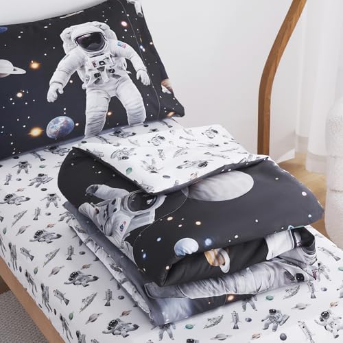 lasoftan Toddler Bedding Set, 4 Piece Bed-in-a-Bag Toddler Bed Comforter Sets for Girls, Toddler Bed Set, Astronaut Printed, Machine Washable