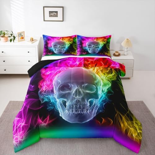 Erosebridal Skull Comforter Set, Skeleton Bones Bedding Set Queen Size Halloween Horror Gold Flame Duvet Sets for Kids Teens Adult Bedroom Decor, Gothic Spooky Bedding Comforters, Warmth Soft