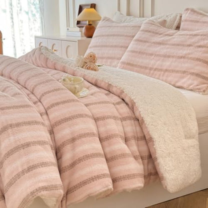 Cyusri Striped Sherpa Comforter Set 3Pcs Fluffy Warm Fleece Down Alternative, Pink Stripe Bedding Set with 2 Pillowcases, Queen Size 90"x90"