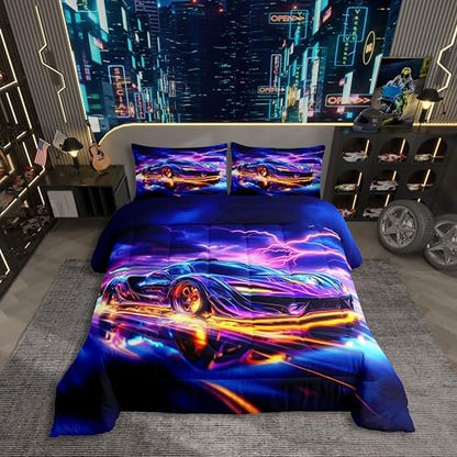 Erosebridal Rainbow Race Car Boy Queen Bedding Sets for Kids,Watercolor Tie Dye Aurora Car Comforter Set for Child Room Decor,Vintage Speed Racing Cars Comforter,Hot Pink Sports Racing Games Quilt