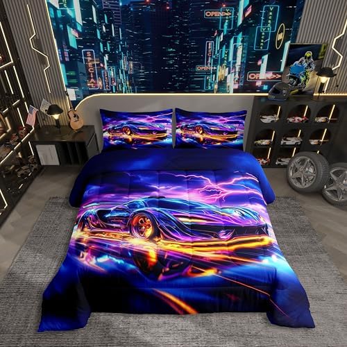 Erosebridal Rainbow Race Car Boy Twin Bedding Sets for Kids,Watercolor Tie Dye Aurora Car Comforter Set for Child Room Decor,Vintage Speed Racing Cars Comforter,Hot Pink Sports Racing Games Quilt
