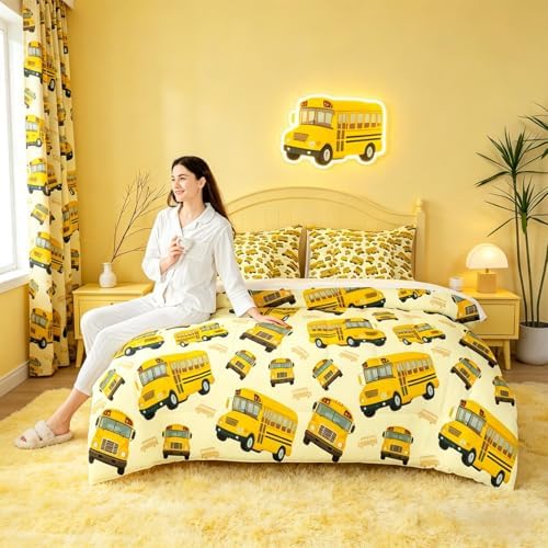 Feelyou Yellow School Bus Comforter Set Twin Size 7 Pcs Bedding Set Kids