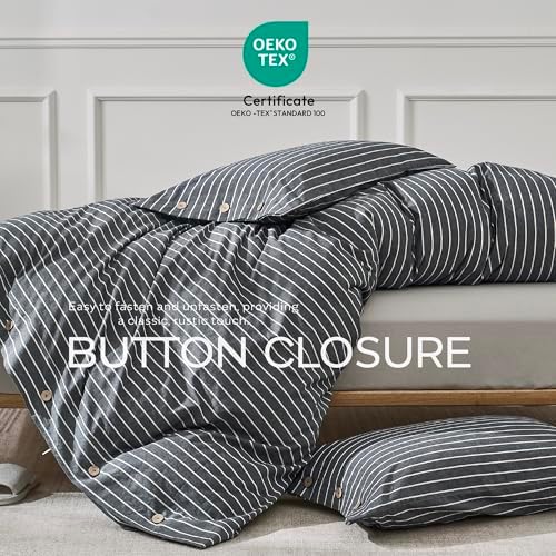 JELLYMONI Cotton Duvet Cover King Size - Gray Pinstriped Comforter Cover with Button 100% Washed Cotton 3PCS Breathable Soft Solid Bedding Set Duvet Cover 104×90in & 2 Pillowcases (NO Comforter)