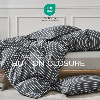 JELLYMONI Cotton Duvet Cover King Size - Gray Pinstriped Comforter Cover with Button 100% Washed Cotton 3PCS Breathable Soft Solid Bedding Set Duvet Cover 104×90in & 2 Pillowcases (NO Comforter)