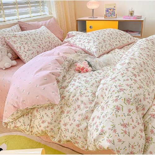 Vintage Style Pink Floral Duvet Cover King Cotton Garden Flower Duvet Cover Boho Cottagecore Bedding Set Chic Botanical Duvet Cover with 2 Pillowcases White Floral Comforter Cover King Bedding Set