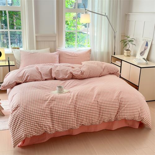 Mucalis Pink Gingham Duvet Cover Queen 100% Washed Cotton Light Pink Tan Plaid Checkered Duvet Cover Set Vintage 3 Piece Grid Bedding Set with Zipper Closure Corner Ties,Durable,Breathable,Easy Care
