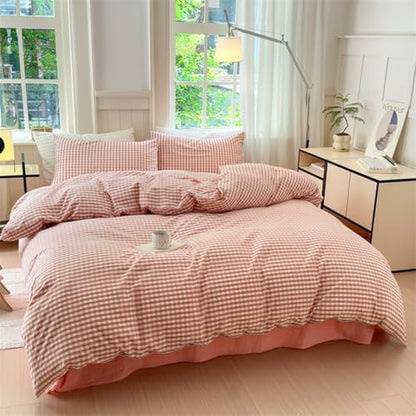 Mucalis Pink Gingham Duvet Cover Queen 100% Washed Cotton Light Pink Tan Plaid Checkered Duvet Cover Set Vintage 3 Piece Grid Bedding Set with Zipper Closure Corner Ties,Durable,Breathable,Easy Care