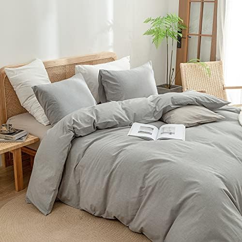 BESTOUCH Cotton Solid Duvet Cover Set Linen Feel Light Grey Super King