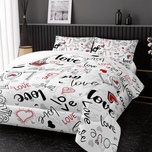 Nttopship Love Comforter Sets Full Size，Love Valentines Day Romantic Soft Bedding Set Black White Watercolor Kawaii Bedding Cartoon Heart Bedroom Decor Comforter with 2 Pillowcases