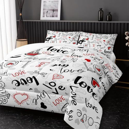 Nttopship Love Comforter Sets Full Size，Love Valentines Day Romantic Soft Bedding Set Black White Watercolor Kawaii Bedding Cartoon Heart Bedroom Decor Comforter with 2 Pillowcases