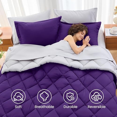 MUXHOMO 7 Pieces King Comforter Set, Reversible Bed in a Bag King Size, All Season Bedding Set with Comforter, Flat Sheet, Fitted Sheet, Pillowcases & Shams, Purple & Lavender