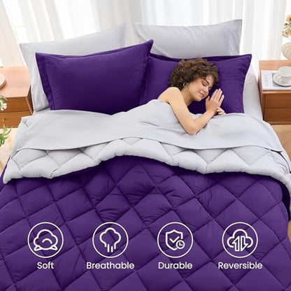 MUXHOMO 7 Pieces King Comforter Set, Reversible Bed in a Bag King Size, All Season Bedding Set with Comforter, Flat Sheet, Fitted Sheet, Pillowcases & Shams, Purple & Lavender