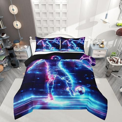 Castle Fairy Soccer Player Comforter Set,Football Bedding Set for Kids Girls Boys,Teens Adults Neon Sports Soccer Comforter,Cool Ball Games Quilted Duvet Set Bedroom Collection Twin Size 2Pcs