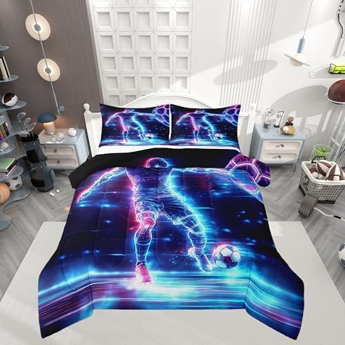 Castle Fairy Soccer Player Full Size Comforter Set,Football Bedding Set for Adults Teens,Children Neon Sports Soccer Comforter Luxury Cool Ball Games Quilt Set Room Decor 3Pcs