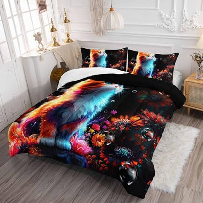 Cartoon Kawaii Cat Comforter Set Full Size 3D Animals Flower Toddler Bedding Set Cat Lovers Animal Bubble Design Quilt Bed Set for Girls Kids Teens
