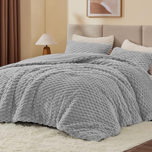 BEDELITE Fluffy Queen Comforter Set, Light Grey Fleece Bed Set 3 Pieces