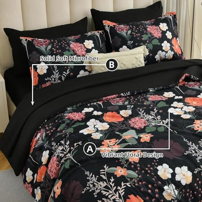 Twin Comforter Set Floral,5 Piece Bed in a Bag Dark Black Red Bedding Set