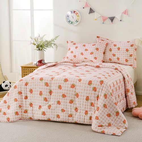 Yibeizi Strawberry Comforter Set Full Size Girls Gingham Bedding