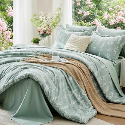MUXHOMO Oversized Queen Comforter Set, Sage Green Elegant Floral Print Bed in a Bag 7 Pieces, Soft & Breathable Reversible Botanical Pattern Bedding Set with Comforter, Sheets, Pillowcases, and Shams