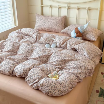 mixinni Light Brown Leopard Print Duvet Cover Set Twin XL Size, 3PCs Cute Animal Cheetah Bedding, 100% Cotton Double Gauze Soft Aesthetic Pink Black Bedding Set with 2 Pillowcases for Girls Women