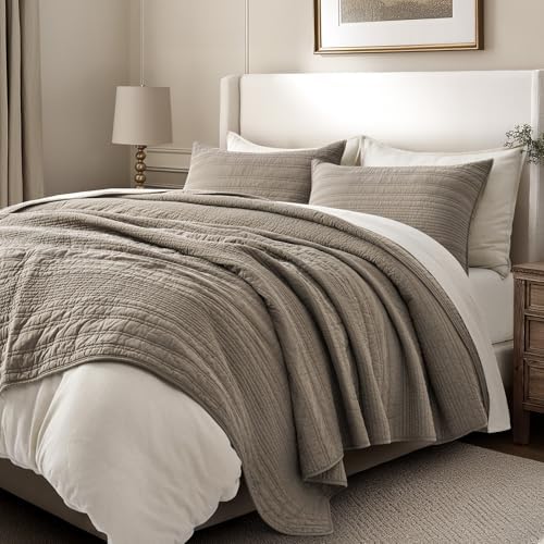 EVERGRACEHOME 100% Cotton Modern Lines Quilt Set Queen Size, Stone Taupe