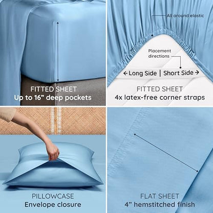 Bambaw 100% Viscose Derived from Bamboo Sheets King Size – 6pcs King Cooling Sheet Set, Luxury Sheets King Size Deep Pocket, Fits Up to 16'' Mattresses, Super Soft (Dream Blue)