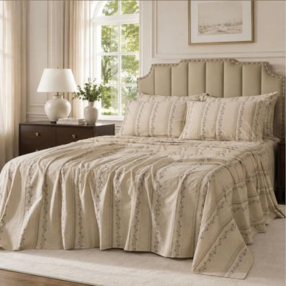 FADFAY 100% Cotton Queen Bed Sheet Set 4-Piece, Woven Jacquard Floral, Soft & Breathable, Mud Gold, Deep Pocket Fitted Sheet, Envelope Pillowcase, Luxury Farmhouse & Cottagecore Bedding
