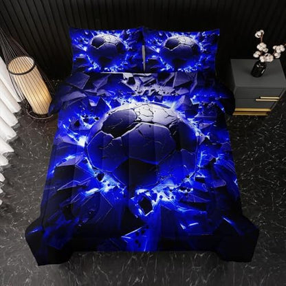 Nttopship Soccer Bedding Comforter Set King Size for Kids Teens and Adults, Blue and Black Football Printed Bedding Sets 3 PCS,Ball Sports Themed Bedroom Decor with 1 Comforter and 2 Pillowcases