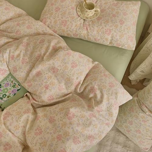 VM VOUGEMARKET Flower Duvet Cover Twin Sage Green Teen Girls Cotton Duvet Cover with Zipper Ties Chic Rust Floral Bedding Set Without Comforter -Green,Twin