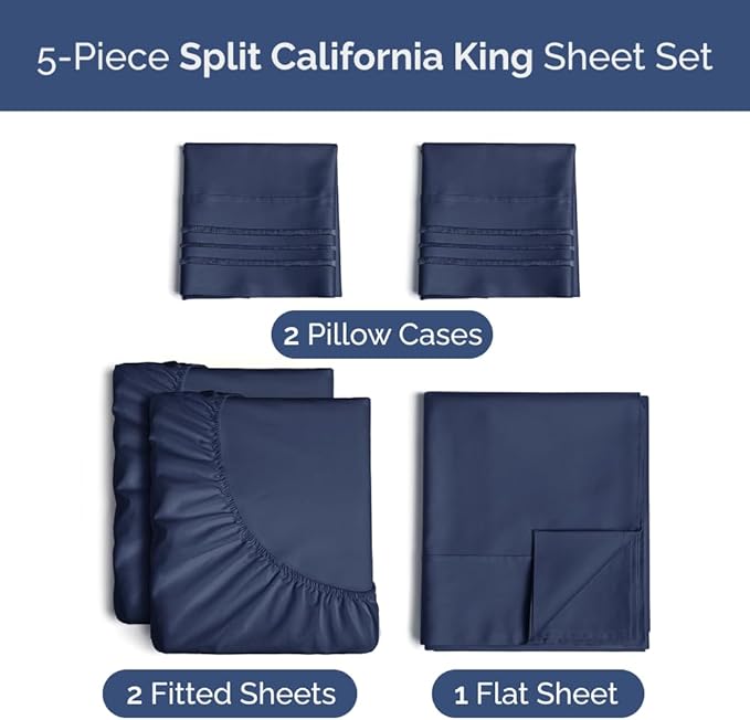 Split California King Bed Sheet Set - 5 Piece Split Cal King Size Sheets - Ultra-Soft, Breathable & Cooling - Comfy, Wrinkle & Fade Resistant - Fits 8" to 16" Inch Mattress w/ Deep Pockets - Navy Blue