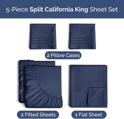 Split California King Bed Sheet Set - 5 Piece Split Cal King Size Sheets - Ultra-Soft, Breathable & Cooling - Comfy, Wrinkle & Fade Resistant - Fits 8" to 16" Inch Mattress w/ Deep Pockets - Navy Blue