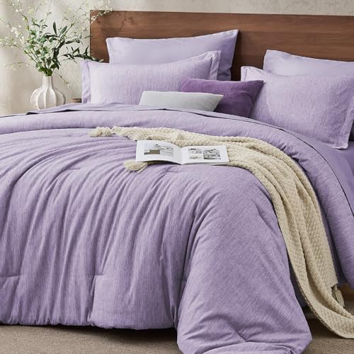 JOLLYVOGUE Purple King Comforter Set, Cationic Dyeing Bed in a Bag King 7 Pieces, Double-Tone Bedding Set with Down Alternative Comforter, Sheets, Pillowcases & Shams