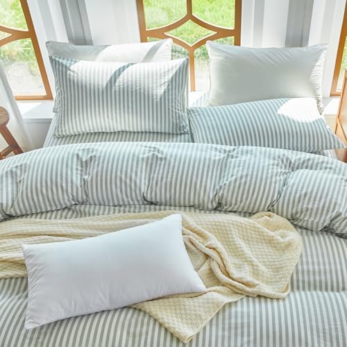 Sage Green Striped Duvet Cover Set Full 100% Washed Cotton