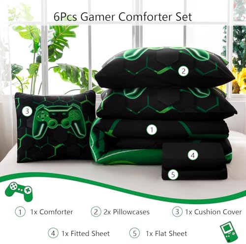 6 Pieces Boys Gamer Comforter Set Full Size, 3D Gamepad Gaming Kids Bedding Set, Game Console Printed Bed in A Bag with Sheets, Geometric Honeycomb Bed Sets (Green, Full)