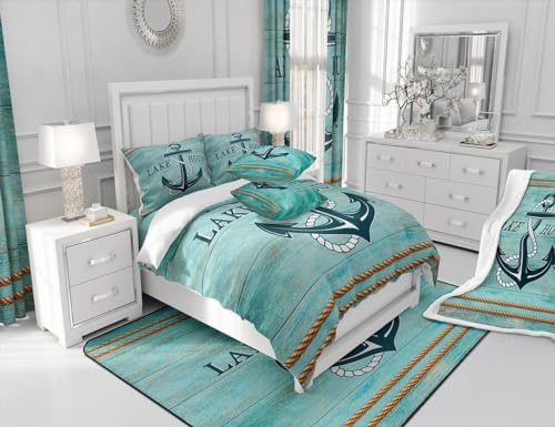 Manfei Anchor Comforter Set King Size, Nautical Theme Blue Wooden Plank Down Comforter with 2 Pillowcases, Lake House Bedding Set 3pcs for Kids Boys Teen Bedroom Decor Lightweight Duvet Insert