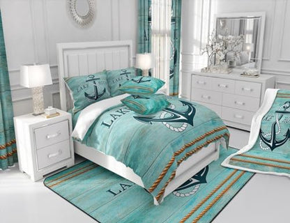 Manfei Anchor Comforter Set King Size, Nautical Theme Blue Wooden Plank Down Comforter with 2 Pillowcases, Lake House Bedding Set 3pcs for Kids Boys Teen Bedroom Decor Lightweight Duvet Insert