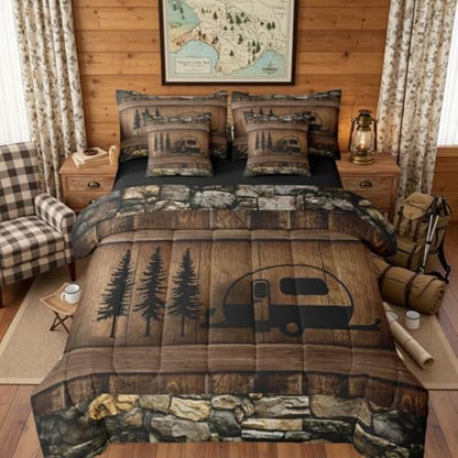 Queen Happy Camping Decor Comforter Set 7 Pieces, Rustic Camper Reversible Bed In A Bag Camper Accessories For Travel Trailers Bedding Set Camper Comforter, Flat Sheet, Fitted Sheet, Pillowcases