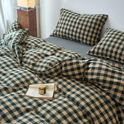 LifeTB Gingham Duvet Cover Twin Size, 3 Piece Vintage Green Beige Plaid Checkered Bedding Set, Breathable 100% Washed Cotton Grid Comforter Cover, Farmhouse Buffalo Plaid Duvet Cover with Zipper
