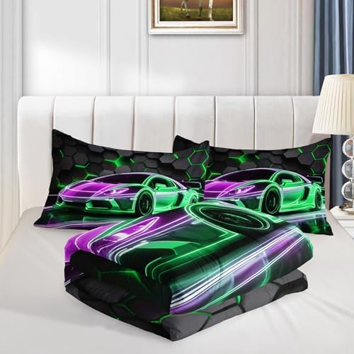 HOSIMA Kids Race Car Full Comforter Sports Bedding with 2 Pillowcases.