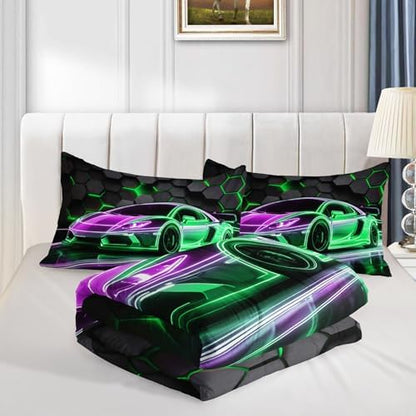HOSIMA Kids Race Car Full Comforter Sports Bedding with 2 Pillowcases.