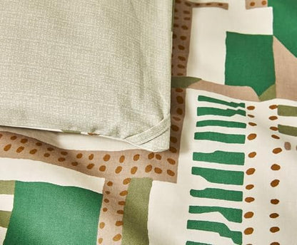 SLEEPBELLA Comforter King Size, 600 Thread Count Cotton White Printed with Green & Brown Geometric Comforter Set, Down Alternative Bedding Set 3Pcs(King, Green Geometric)