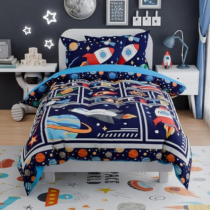 SANDJEST Space Bedding Twin for Boys, Ultra Soft Microfiber Comforter Bed Set with 3-Pieces, Rocket Comforters Sets for Kids Children Teen Tween Bedroom Decor