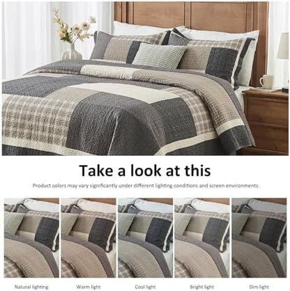Finlonte 100% Cotton King Quilt Set, Farmhouse Plaid Queen Quilted Bedspread, Brown Beige Black Lightweight Comforter Bedding Set for All Season, 3-Piece