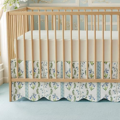 Brandream Scallop Edge Organic Crib Skirt Cotton Toddler Bedskirt Floral Stripes and Vines Baby Nursery Crib Bed Skirt Neutral Vintage Blue Floral Bouquet Farmhouse Chic Boho Bohemian Skirt