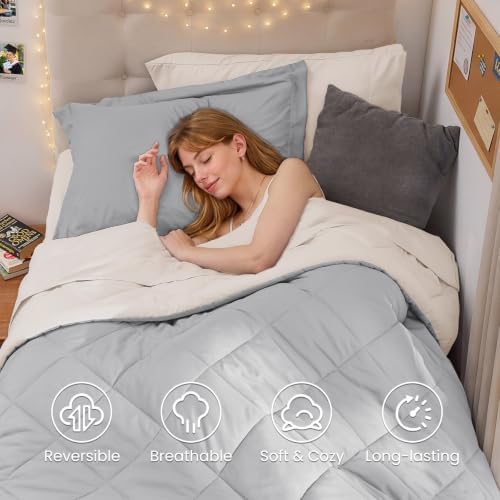 MUXHOMO 5 Pieces Twin XL Comforter Set, Reversible Bed in a Bag Twin XL Size, All Season Bedding Set with Comforter, Flat Sheet, Fitted Sheet, Pillowcases & Shams, Light Grey & Beige