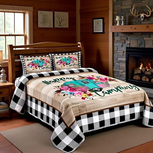 Manfei RV Happy Travelling Comforter Set Queen,Camper Adventure Car Bedding Set 3pcs for Kids Teens Adults Trailer Decor,Wooden Plaid Vintage Quilt Set,Farmhouse Duvet Insert with 2 Pillowcases
