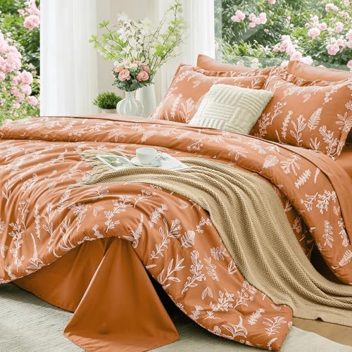 MUXHOMO Burnt Orange Bed in a Bag Queen 7 Pieces, Queen Comforter Set Reversible Botanical Flowers Design, Ultra Soft & Breathable Bedding Sets with Comforter, Sheets, Pillowcases & Shams
