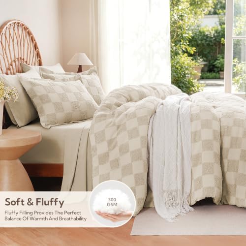 MR&HM 7 Pieces Comforter Set Full, Checkered Boho Tufted Bed Set Beige