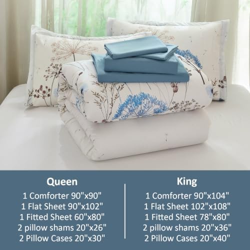 Yiran Queen Comforter Size Set, 7 Piece Blue Dandelion Floral Bed in a Bag